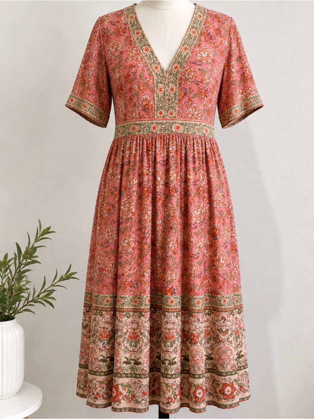 Knox Rose Coral Floral Border V-Neck Midi Dress